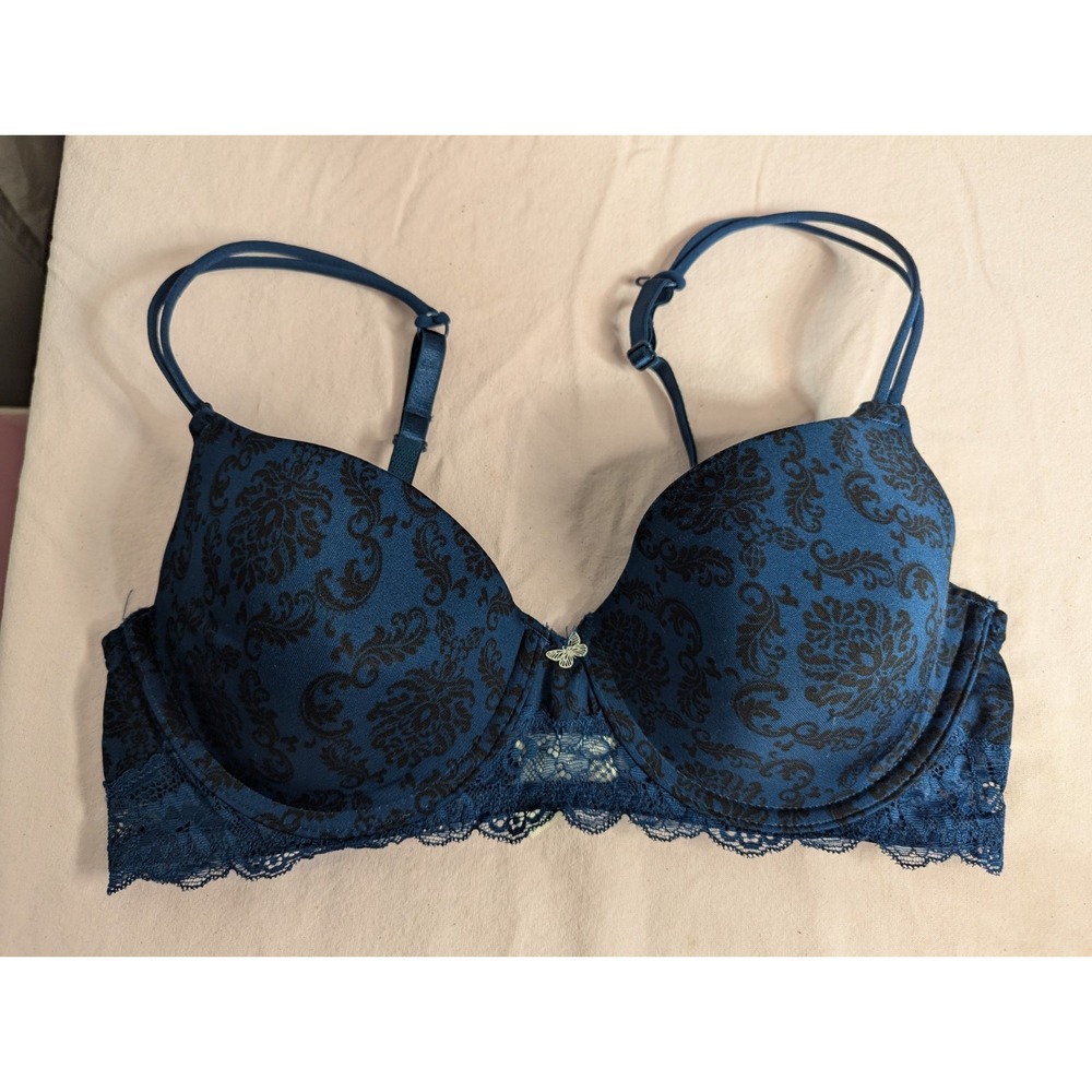 Jessica Simpson 36C blue Black‎ lace accent underwire lightly padded bra